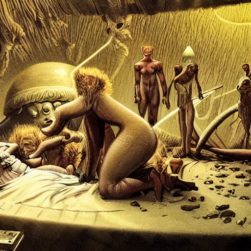 Prompt: primitive extraterrestrial villagers at bedside of severely injured unconscious short - haired blond woman, inside primitive hut, dramatic lighting, illustration, fantastic planet, ron cobb, mike mignogna, jim henson creature shop, science fiction, detailed painting, high detail, coherent, rough paper