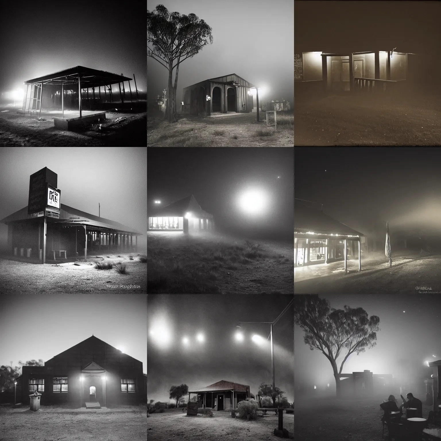 Prompt: a dystopian pub in the outback desert, in the middle of a graveyard, night photography, by brassai, volumetric fog, creepy skies