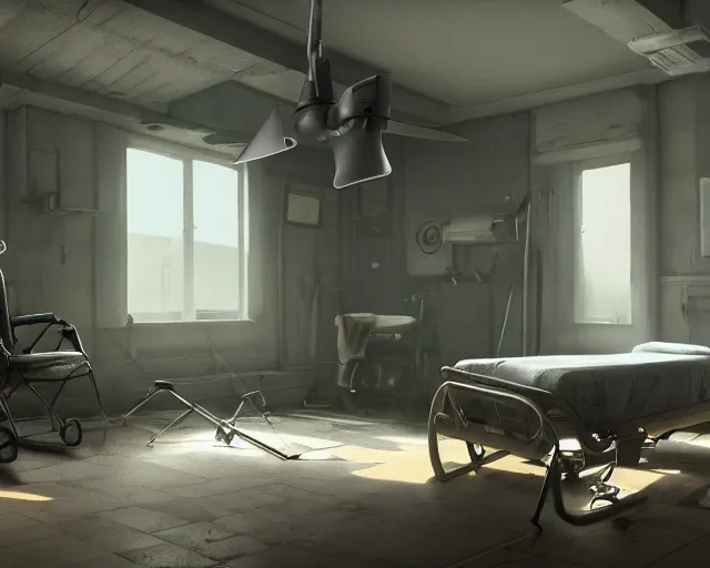 Image similar to artstation scifi scene an old ward, one ceiling fan, wheelchair, crutches, bed, dust, paneled walls, window, summer unreal engine 5, hyper realism, realistic shading, cinematic composition, blender render, octane render, hdr, detailed textures, photorealistic, wide shot