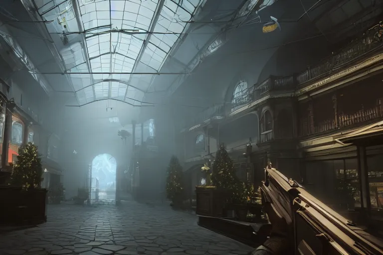 Prompt: a first person shooter on a victorian shopping mall, cinematic lightning, ray tracing, unreal engine 5, photorealistic, 8 k, uhd, 4 k, fps game concept, extremely detailed, beautiful, elegant, intricate, foggy, in - game footage