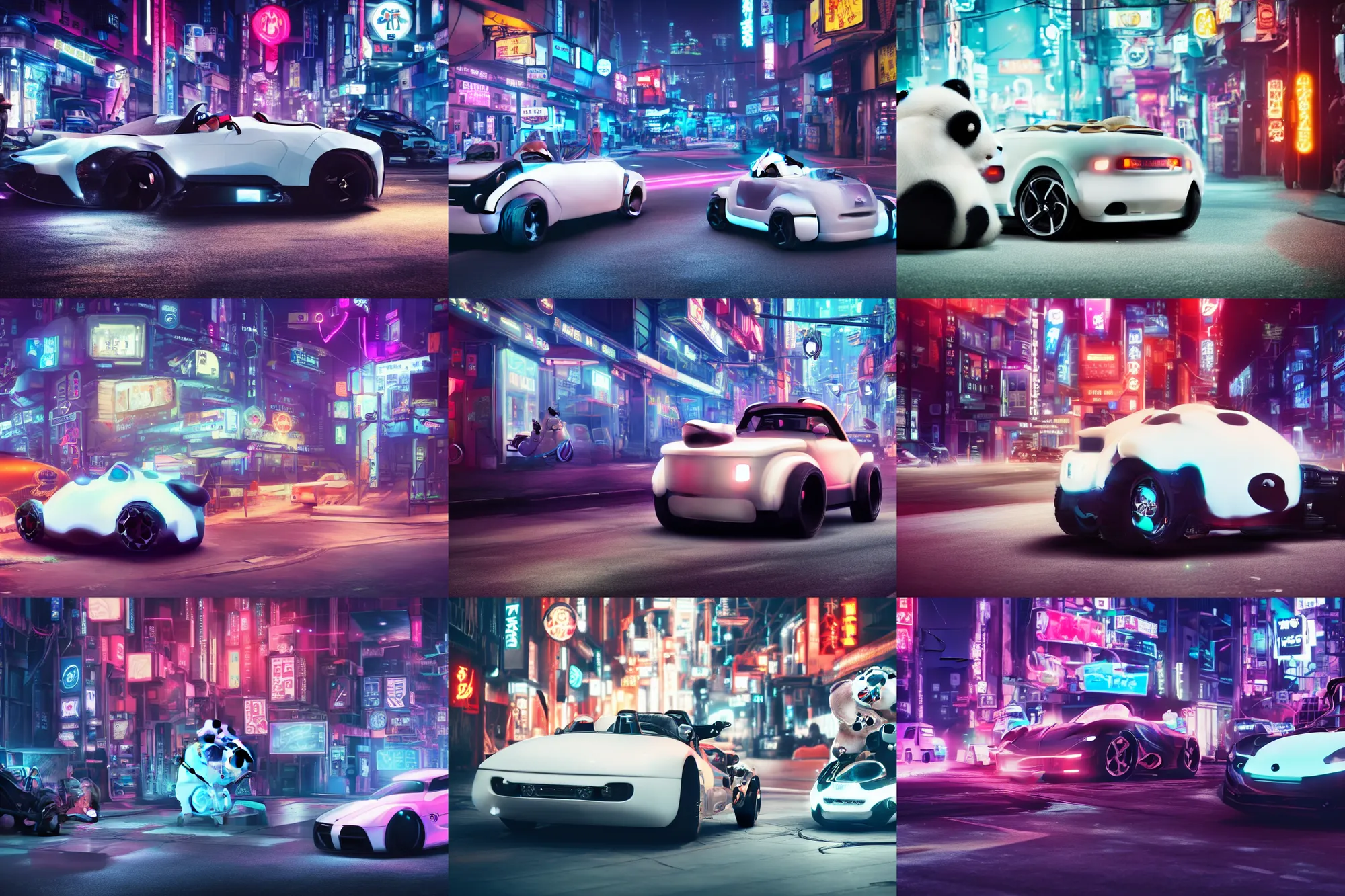Image similar to a cool roadster with white fur body parking in the street, a huge fluffy panda robot in the background, Cyberpunk, neon light, 4k, hd, highly detailed
