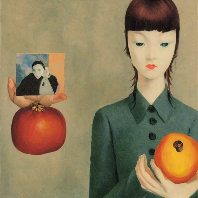 Image similar to tall emo girl artist holding small portraits and a persimmon, tokyo, pigs, octopus, acrylic on canvas, surrealist, by magritte and monet