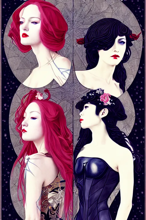 Image similar to triad!!!! of winter muses as december, january and february, style mix of æon flux, shepard fairey, botticelli, john singer sargent, pre - raphaelites, shoujo manga, harajuku fashion, stark landscape, muted dark colors, superfine inklines, ethereal, 4 k photorealistic, ( arnold render )