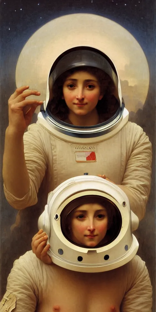 Image similar to portrait of an ancient human species in astronaut helmets, by bouguereau