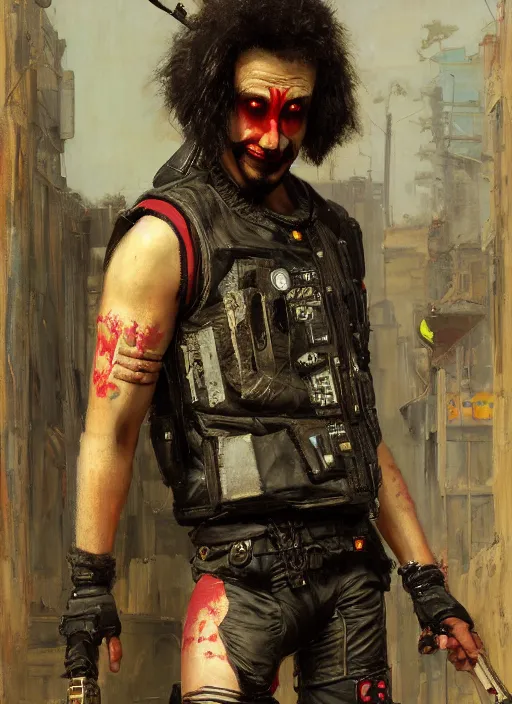 Prompt: crazy eddie. cyberpunk clown wearing a military vest and combat gear. (Cyberpunk 2077, bladerunner 2049). Iranian orientalist portrait by john william waterhouse and Edwin Longsden Long and Theodore Ralli and Nasreddine Dinet, oil on canvas. Cinematic, hyper realism, realistic proportions, dramatic lighting, high detail 4k