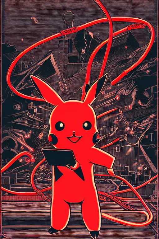 Prompt: Pikachu Cyborg in Red surrounded by cables | 19th century wood-engraving , whole page illustration , art in the style of greg rutkowski and thomas kinkade and Larry Elmore