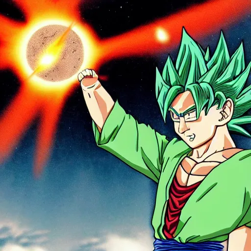 Image similar to John Lennon firing a Kamehameha energy blast, dragon ball Z