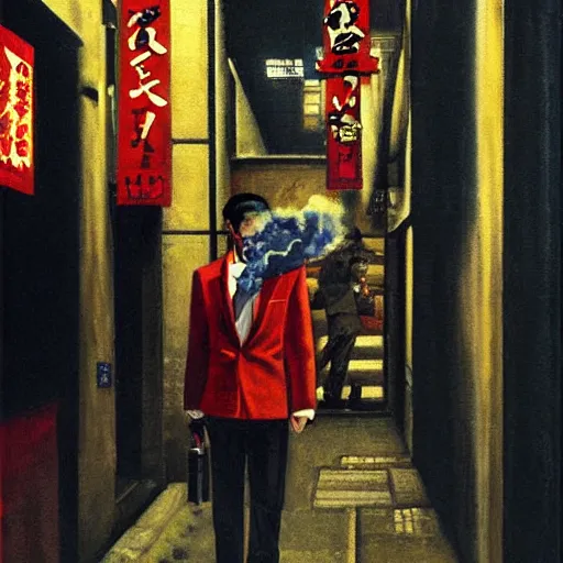 Prompt: realistic portrait painting of yakuza smoking in a tokyo alley at night in the style of soviet realism