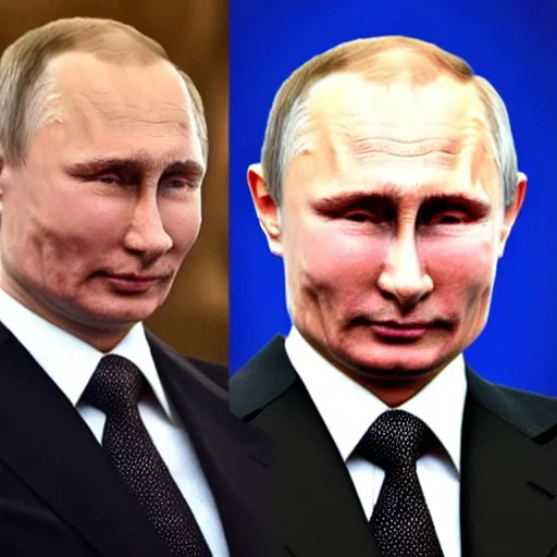 Image similar to putin teams up with a mysterious teenage putin, perfect faces