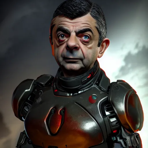 Image similar to rowan atkinson in doom eternal, highly detailed, extremely high quality, hd, 4 k, 8 k, professional photographer, 4 0 mp, lifelike, top - rated, award winning, realistic, detailed lighting, detailed shadows, sharp, no blur, edited, corrected, trending