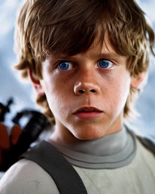 Image similar to very low angle high quality hyper realistic portrait of young mark hamill portraying young luke skywalker, dark dramatic lighting, portrait realistic and insanely detailed, great composition, 8 k