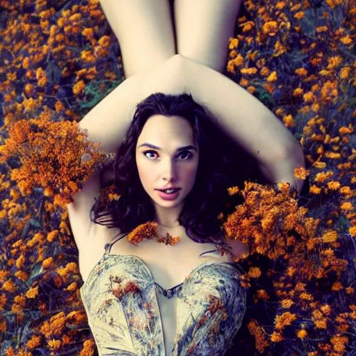 Image similar to full body fine art photo of the beauty gal gadot, she is lying down and covered by dried flowers, taken by oleg oprisco