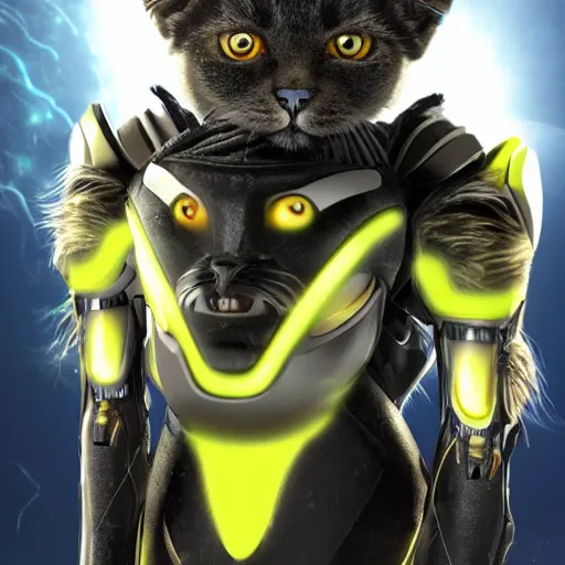 Image similar to humanoid with cat-like features in futuristic space armor with force fields, yellow eyes, teeth that protrude past the lower lip and fine grayish fur on their faces and backs of their hands and carrying weapons, octane,