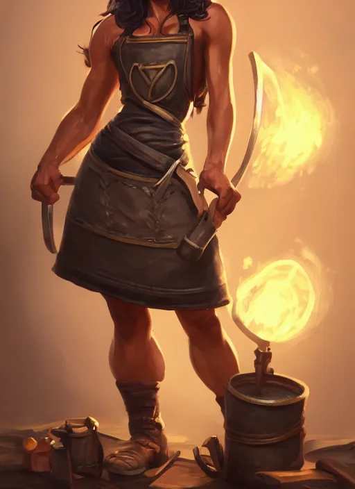 Image similar to a highly detailed illustration of naomi scott as fierce blacksmith woman wearing apron, muscular, dramatic smile pose, intricate, elegant, highly detailed, centered, digital painting, artstation, concept art, smooth, sharp focus, league of legends concept art, wlop.