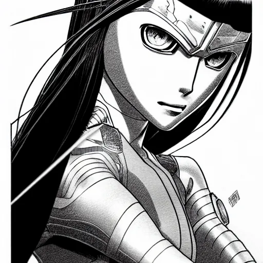 Image similar to alita by yukito kishiro. medium shot. black and white manga. pencil drawing.