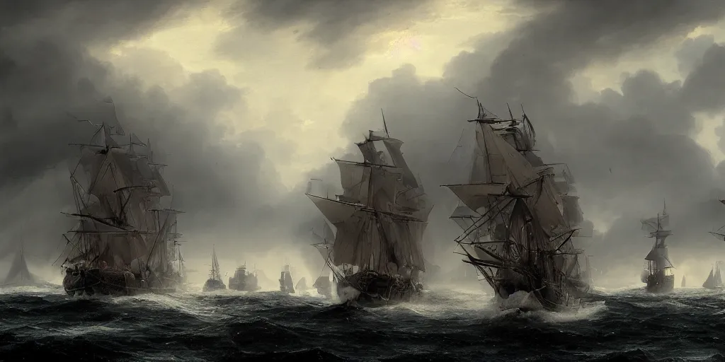 Image similar to Photorealistic,hyperdetailed hyper realistic medium shot rendering of galleons at war,canon fire,full sails,smoke,Dark raging waters,dusk,dark stormy clouds by Greg Rutkowski,Jacques-Louis David,Beautiful dynamic dramatic very dark moody lighting,shadows,Cinematic Atmosphere,high surface and silhouette details,Octane Render,8k