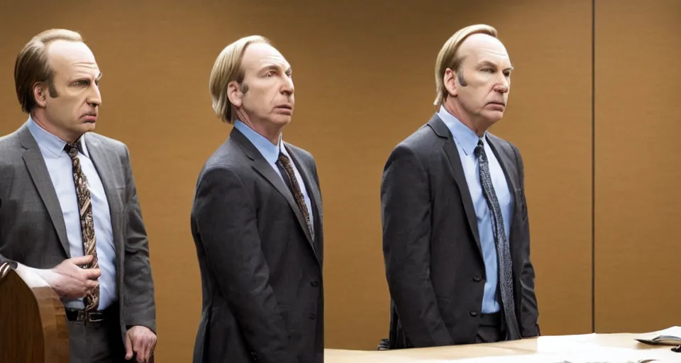 Prompt: bob odenkirk intensely arguing with michael mckean in court, still from better call saul