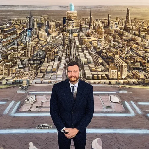 Prompt: a giant caucasian man dressed very elegantly standing on a miniature city