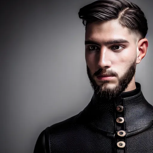 Prompt: a closeup photo of a male model with modern medieval haircut, 4 k, studio lighting, wide angle lens