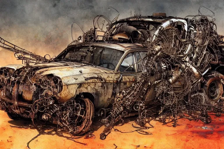 Image similar to mad max rockatansky fury road by brendan mccarthywires cybernetic implants, steelpunk, abandoned steelworks, grime and grunge, in the style of adrian ghenie, esao andrews, jenny saville,, surrealism, dark art by james jean, takato yamamoto