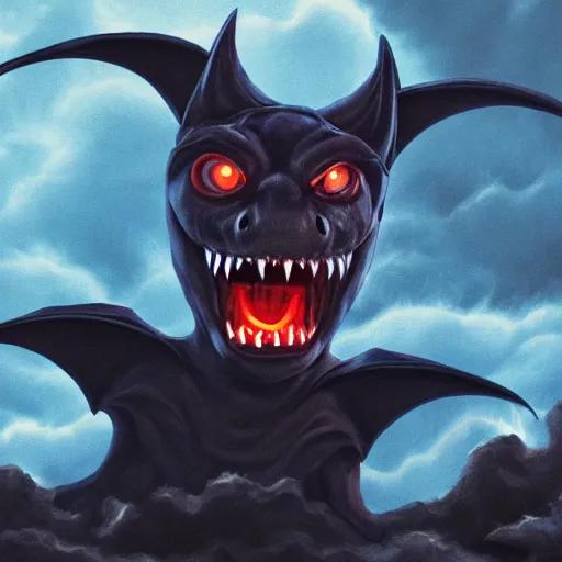 Image similar to detailed full body of scary giant mutant dark blue humanoid anthropomorphic bat, glowing red eyes flying above a stormy ocean, sharp teeth, acid leaking from mouth, realistic, giant, bat ears, bat nose, bat claws, bat wings, furred, covered in soft fur, detailed, 85mm f/1.4