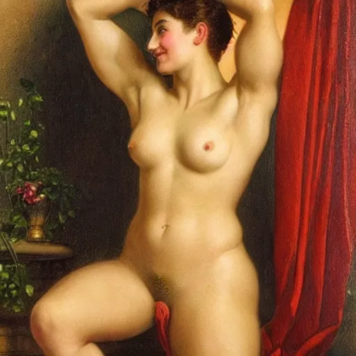 Image similar to a short young genie, with spikey short brown hair, brown skin, abs, a confident smile, emerging from her lamp and flexing her bicep, award winning painting by edward poynter