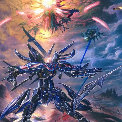 Prompt: concept art of millenniummon in the foreground fighting omegamon, valley, wayne barlowe, hyper detailed