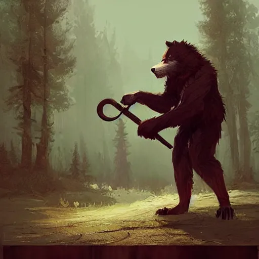 Image similar to cute handsome cuddly werewolf using a wooden club character concept art masterpiece digital art by Greg Rutkowski, Simon Stalenhag, trending on Artstation, CGSociety