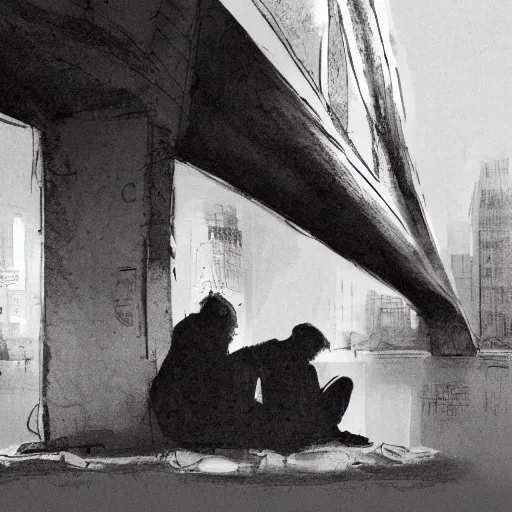 Prompt: homeless mans sit in a tent under the bridge, new york, night, concept art, very detalisation, black and white