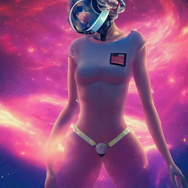 Image similar to - a seductive women with astronaut helmet, standing on the edge of the universe trying to make sense of the world with psychedelic backgrounds, 4 k, trending on artstation, renaissance