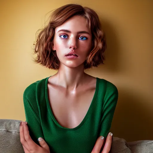 Prompt: intricate crisp portrait of a cute thin young woman, light bronze brown hair, very detailed emerald green eyes, red blush, light freckles, soft smile, casual clothes, relaxing on the couch, home interior, golden hour, close up shot, 8 k, hyperreal art by irakli nadar, hyperrealism, hyperdetailed, ultra realistic