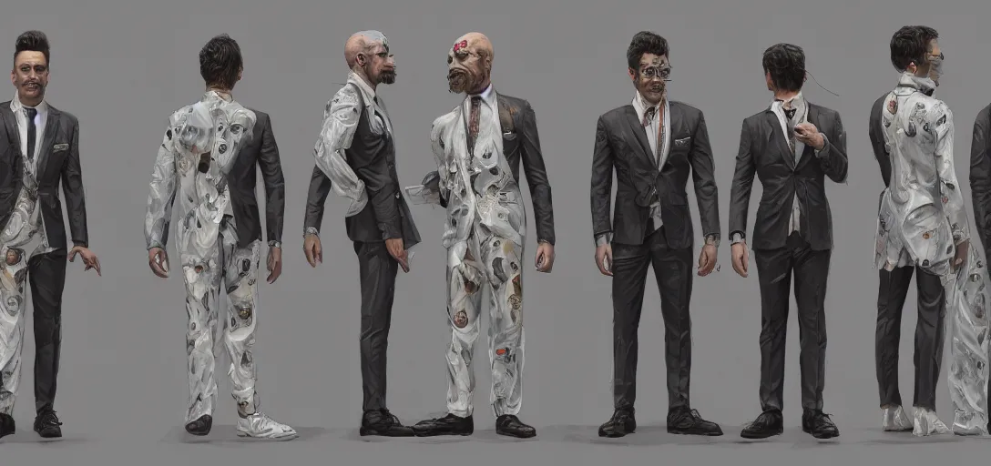 Image similar to character sheet concept art of a galaxy - print man wearing a white three - piece suit, realistic, hyperrealistic, photographic, costume, wlop, dan mumford, greg rutkowski, high detail, octane render, alexander mcqueen, james gurney, james jean, mucha, photo, 8 k, intricate