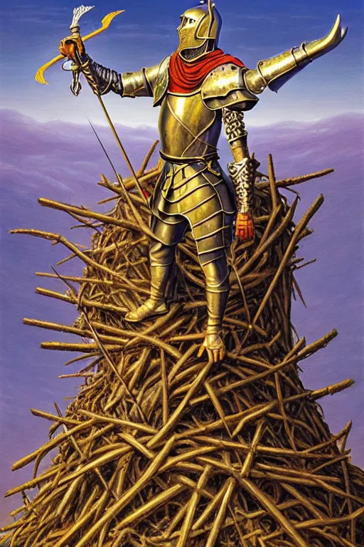 Prompt: classic oil painting, a medieval fantasy knight in a t - pose, as a dnd character, standing on a giant bird nest, cottagecore, highly detailed, digital illustration, concept art, smooth, sharp focus, art by alex grey, and tim hildebrandt