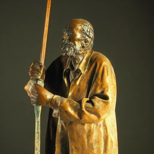 Image similar to patina bronze sculpture, old man with cane, in museum, soft light, kodak gold 2 0 0,