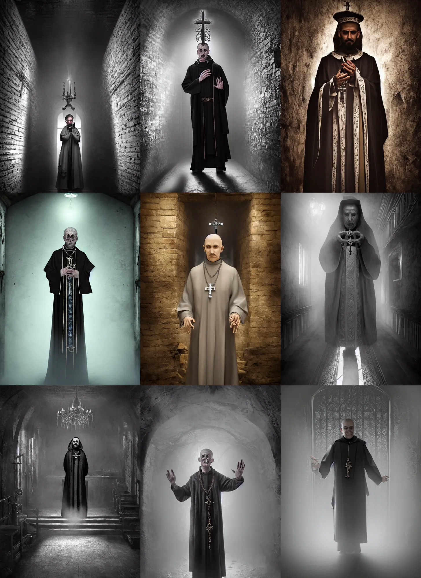 Prompt: a highly realistic and detailed full Priest standing in a dark dirty basement holding a rosary, wide angle 70mm lens, volumetric haze, front facing camera, symmetrical, photorealistic, insanely detailed and intricate, epic, hyper realistic, elegant, ornate, elite, horror, creepy, ominous, haunting, cinematic lighting, unreal engine, cinematic centered camera, high detail, no blur, unreal engine 8k