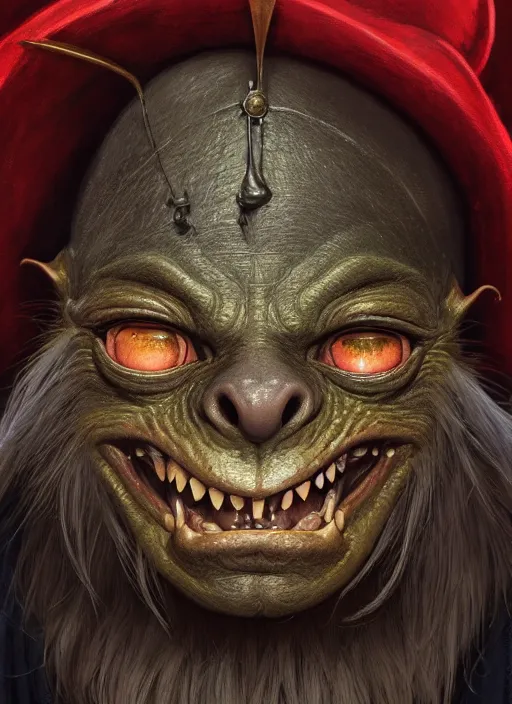 Image similar to highly detailed closeup portrait of a medieval goblin wearing a jesters hat, stephen bliss, unreal engine, greg rutkowski, ilya kuvshinov, ross draws, hyung tae and frank frazetta, tom bagshaw, tom whalen, nicoletta ceccoli, mark ryden, earl norem, global illumination, god rays, detailed and intricate environment