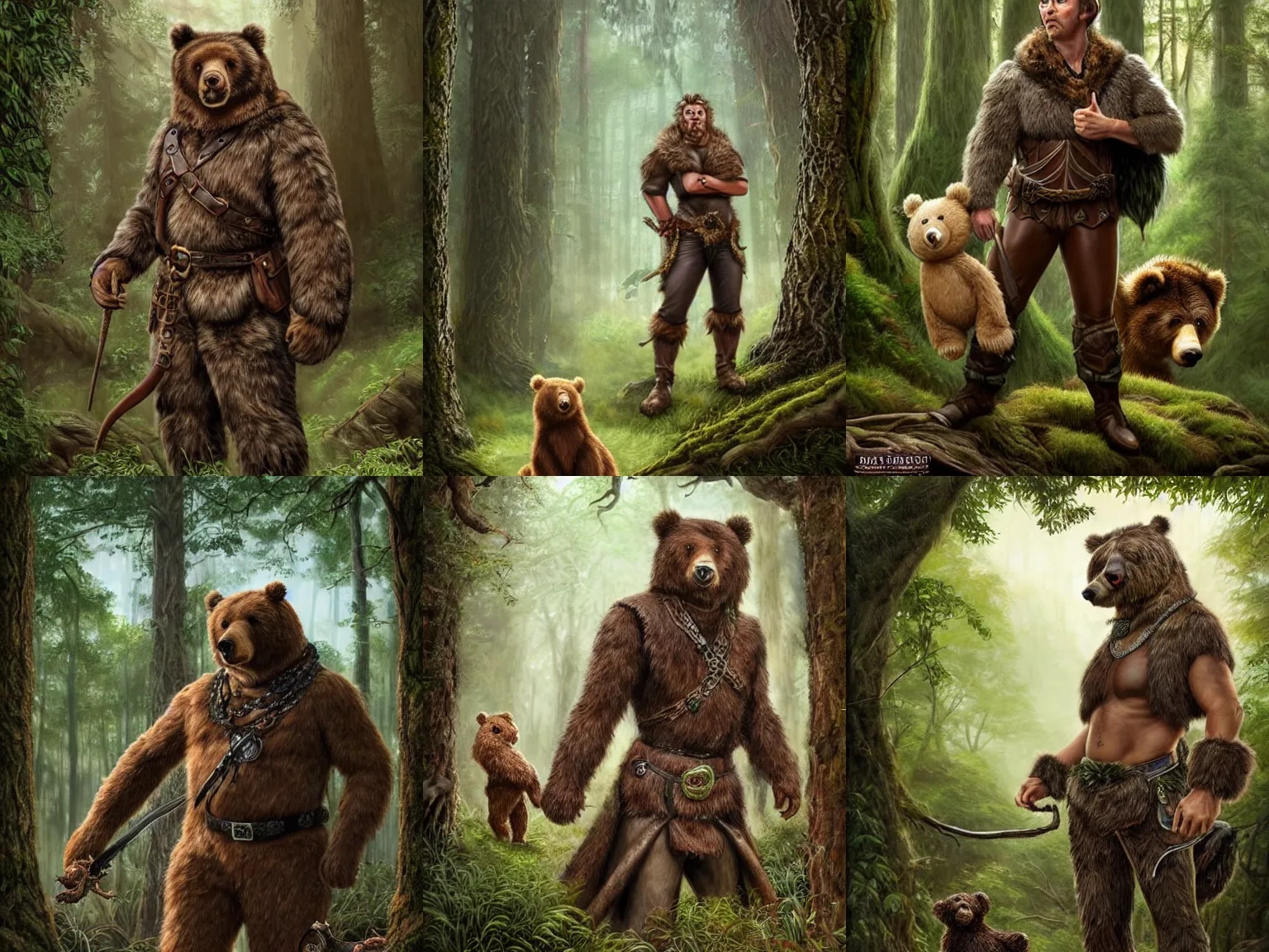 Prompt: Full body Portrait of grown male Beast Master, with dark brown messy hair, taned skin, green eyes, leather hunting attire, with a companion bear, visible face, magical forest in the background, D&D, DND, extremely detailed, detailed face, modest, high fantasy, matte painting, by artgerm and Craig Mullins, James Jean and Clyde Caldwell, trending on artstation artstationHD, artstationHQ, cgsociety, HD 16K, octane