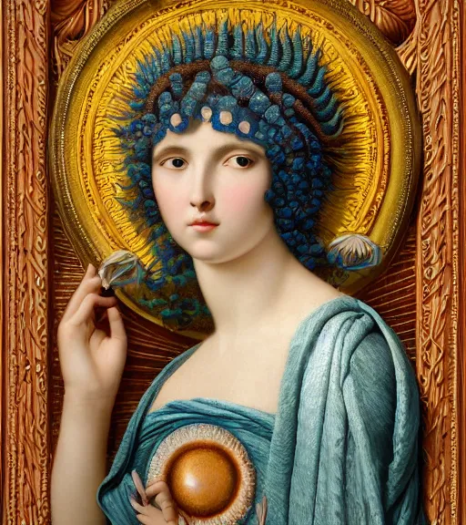 Prompt: portrait of a gorgeous sublime young goddess with intricate decorative jellyfish headdress and beautiful eyes, clear lines, detailed painting by john william godward and ernst haeckel and james jean