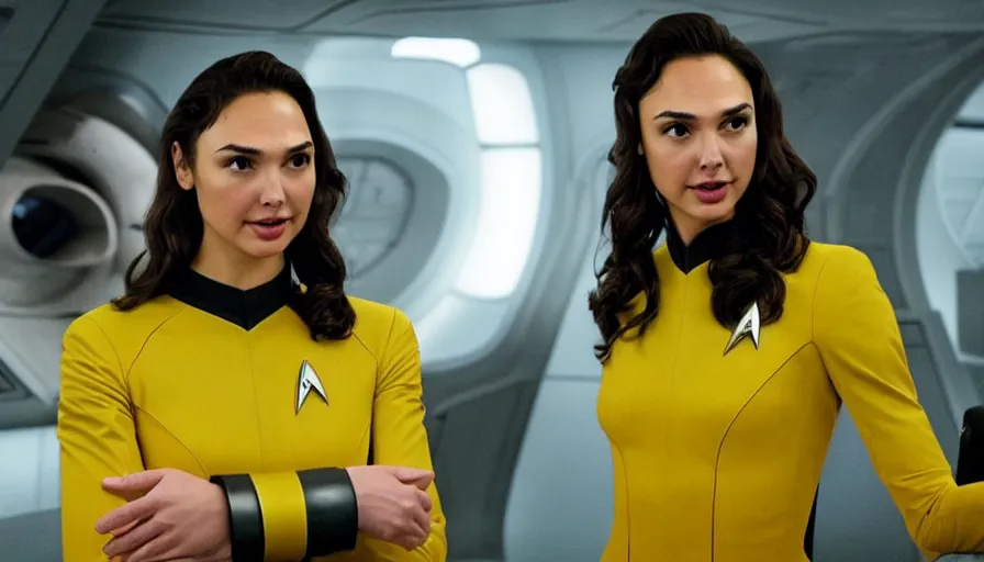 Image similar to Gal Gadot, wearing a yellow uniform, is the captain of the starship Enterprise in the new Star Trek movie