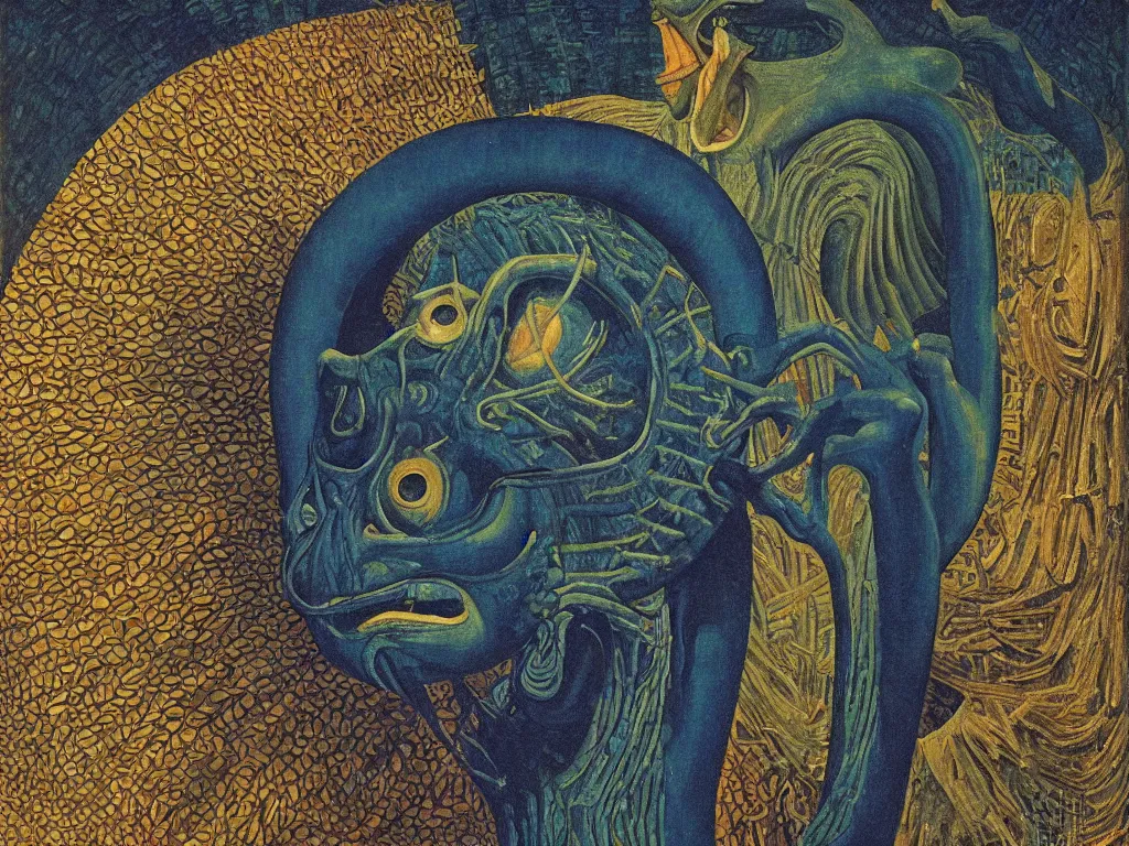 Image similar to portrait of a Mystic Lizard African mask with blue eyes in the city of flooded bones. Spiral comet. Georges de la Tour, Rene Magritte, Jean Delville, Max Ernst, Ernst Haeckel