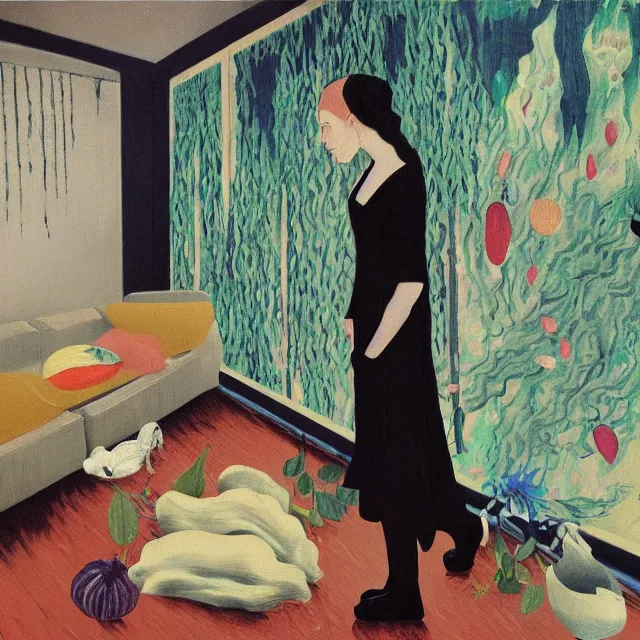 Image similar to tall emo artist in her flooded apartment, painting of flood waters inside an artist's home, a river flooding indoors, pomegranates, pigs, ikebana, zen, water, octopus, river, rapids, waterfall, black swans, canoe, berries, acrylic on canvas, surrealist, by magritte and monet