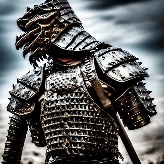 Image similar to photo of a warrior with metal crocodile theme armour, 4 k, hdr, smooth, sharp focus, high resolution, award - winning photo