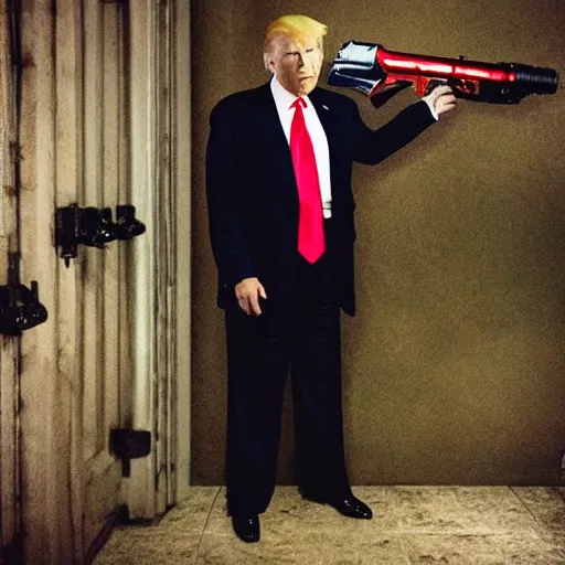 Prompt: “Donald Trump on the Call of Duty Map Der Reise fighting zombies and holding a Ray Gun, 8 mm Lena’s photography”