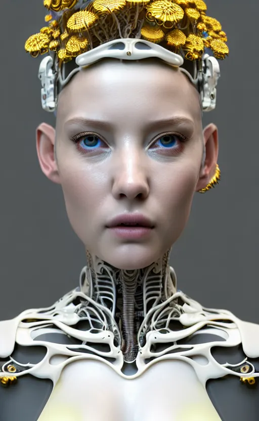 Image similar to intricate hyper detailed ultra sharp 3 d render of a beautiful smooth white porcelain seductive cyborg woman portrait, medium shot portrait, bright light, alexandre ferra mecha, haute couture deeply cyberpunk art nouveau huge white fractal mycelum and fungi light yellow blooms head ornaments, big embroidered leaves filigree spreaded roots, octane render, volumetric cinematic lighting, 8 k, vray tracing
