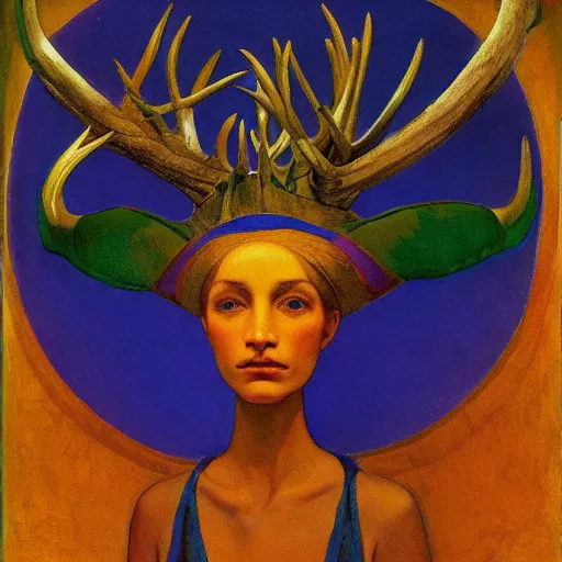 Image similar to the antler crown, by Annie Swynnerton and Nicholas Roerich and Diego Rivera, bioluminescent skin, elaborate costume, geometric ornament, symbolist, cool colors like blue and green and violet, smooth, sharp focus, extremely detailed