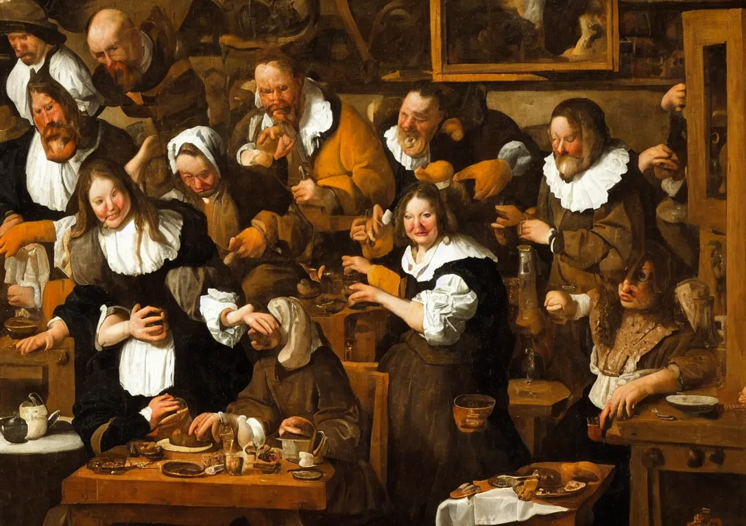 Prompt: Jan Steen. One Beautiful woman big in the center looking at us. Pig, dog, duck, window. Netherlands tavern, low ceiling, small chamber. Hyperrealistic, ultra detailed, 80mm, museum, artwork.