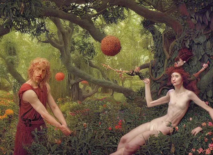 Prompt: jim henson's labyrinth. hedge maze. lush orchard, with strange fruit trees. fairies fight with hummingbirds for nectar. edgar maxence and caravaggio and michael whelan and delacroix style, artistic, intricate painting, cinematic lighting, hyper realistic, extremely detailed, vivid colors, establishing shot, dramatic lighting