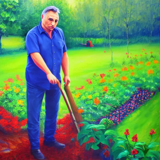 Prompt: viktor orban gardening, oil painting