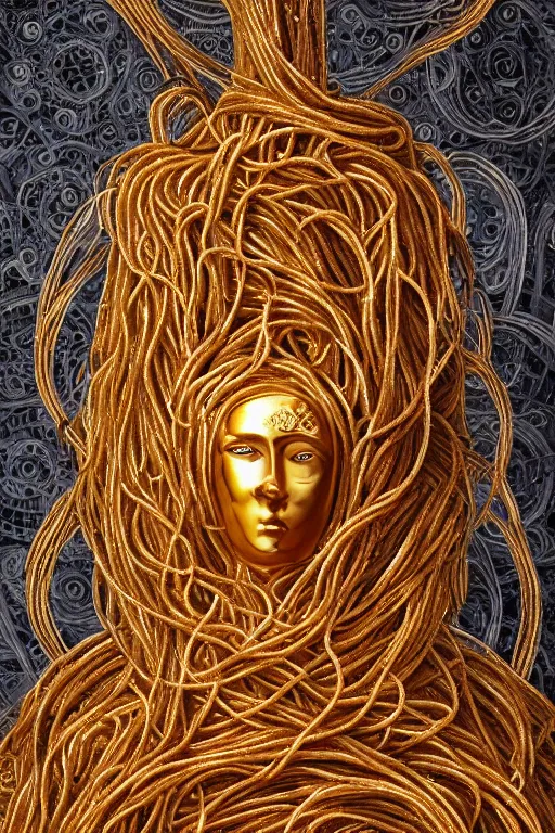 Image similar to ancient spaghetti god, holy regal spaghetti creature, shining white light, luxurious throne, mystical being with a face of spaghetti, intricate statue, gold, spaghetti face, detailed realistic painting, 4 k