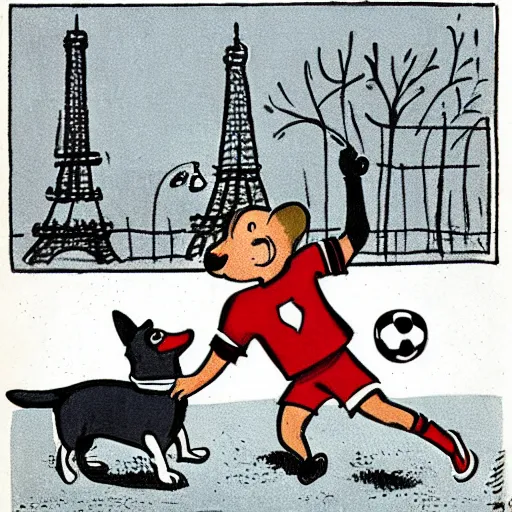 Image similar to illustration of french boy in paris playing football against a corgi, the dog is wearing a polka dot scarf, comic, 1 9 6 2